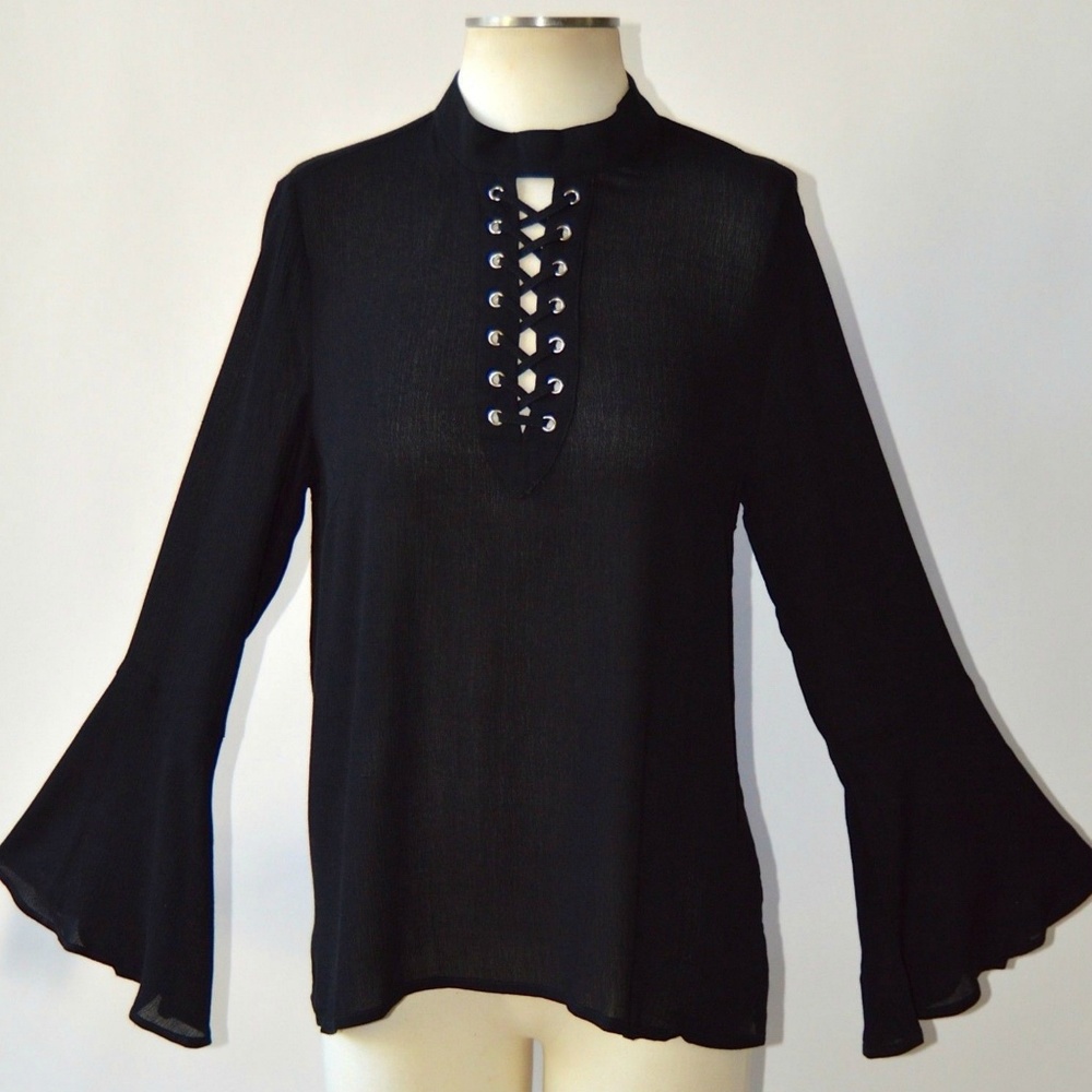 Lace Up Choker Neck Long Bell Sleeve Flowy Tunic - Picture 2 of 8